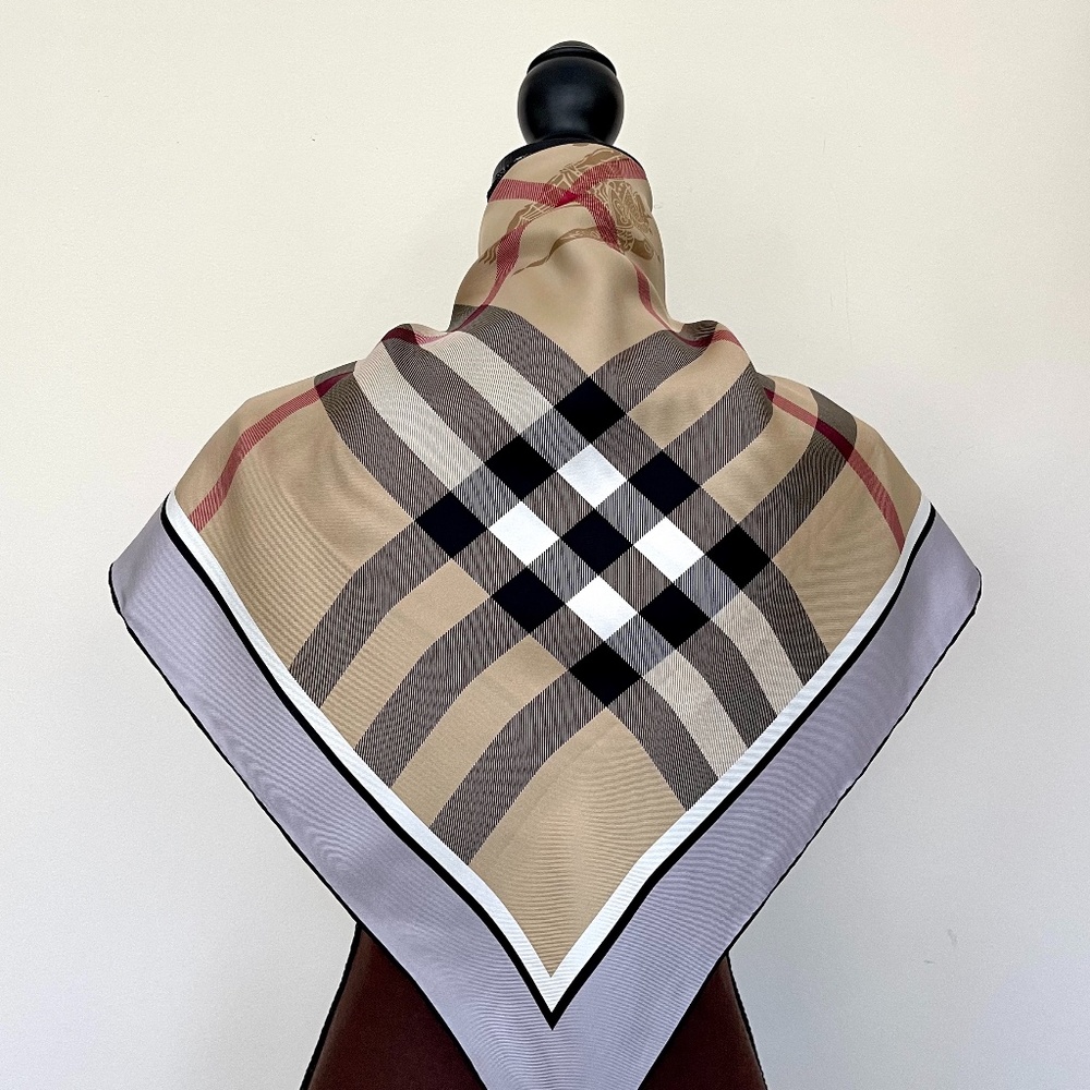 New Burberry Scarf Beige Check Gray Border Silk Wrap - Picture 6 of 15